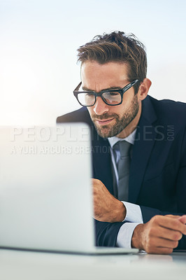 Buy stock photo Corporate, man and laptop in office with research for career growth and opportunity at law firm. Startup, lawyer and satisfied with business progress as entrepreneur for legal advice and information