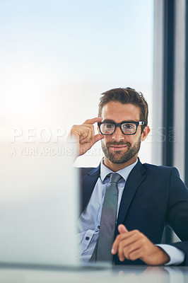 Buy stock photo Business, man and happy with laptop in office for research, career growth and opportunity at law firm. Startup, lawyer and smile for company progress as entrepreneur for legal advice and information
