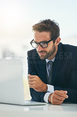 Buy stock photo Business, man and laptop in office with online research for career growth and opportunity at law firm. Startup, lawyer and satisfied with company progress as entrepreneur for legal advice and info