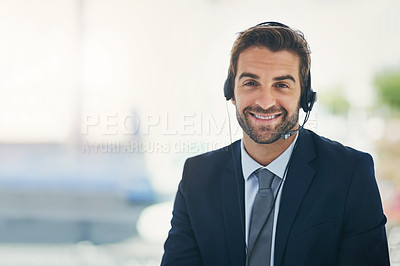 Buy stock photo businessman, portrait and consultant with headphones at call center for customer service or support at office. Happy man, employee or friendly agent with smile for online advice, help or assistance