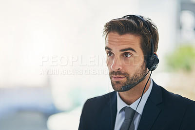 Buy stock photo Businessman, call center and consultant with headphones for customer service or telemarketing at office. Man, virtual assistant or sales agent with mic for online advice, support or help at workplace