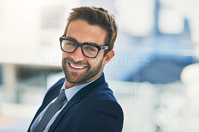 Buy stock photo Smile, thinking and businessman with glasses in an office for idea, startup and project development. Employee, professional and attorney in law firm for job, advocate and corporate male person