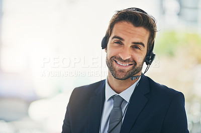 Buy stock photo Happy man, portrait and consultant with headphones at call center for customer service or support at office. Friendly businessman, employee or agent with smile for online advice, help or assistance