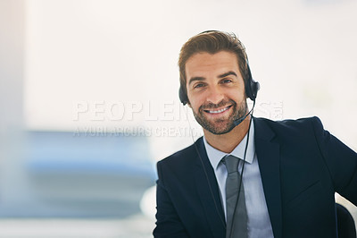 Buy stock photo Businessman, portrait and advisor with headphones at call center for customer service or support at office. Happy man, employee or friendly agent with smile for online advice, help or assistance