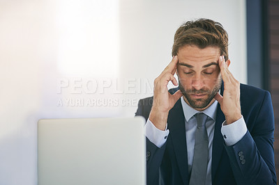 Buy stock photo Businessman, laptop and headache of stress in office with burnout, overwhelmed by workload and internet glitch. Professional, employee and frustrated with migraine and anxiety for deadline on mockup