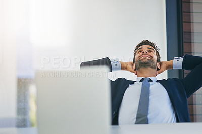 Buy stock photo Laptop, businessman and stretching to relax in office after finishing job, sales project or work with smile. Career, consultant or male person on break for rest, planning marketing strategy or email
