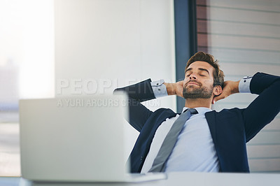 Buy stock photo Businessman, stretching and smile for relax, online information and digital report email feedback. Corporate manager, tech and happy with app, article search or website for project complete in office