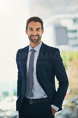 Buy stock photo Outdoor, businessman and portrait, employee and confidence of auditor, proud and smile for work. Corporate, accountant and male worker in New York for company, startup and happy for job and city