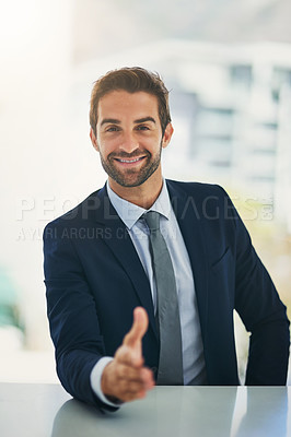 Buy stock photo Portrait, smile and business with man, handshake and b2b deal with congrats and welcome. Face, corporate and HR officer shaking hand with recruitment or hiring with new job or greeting with thank you