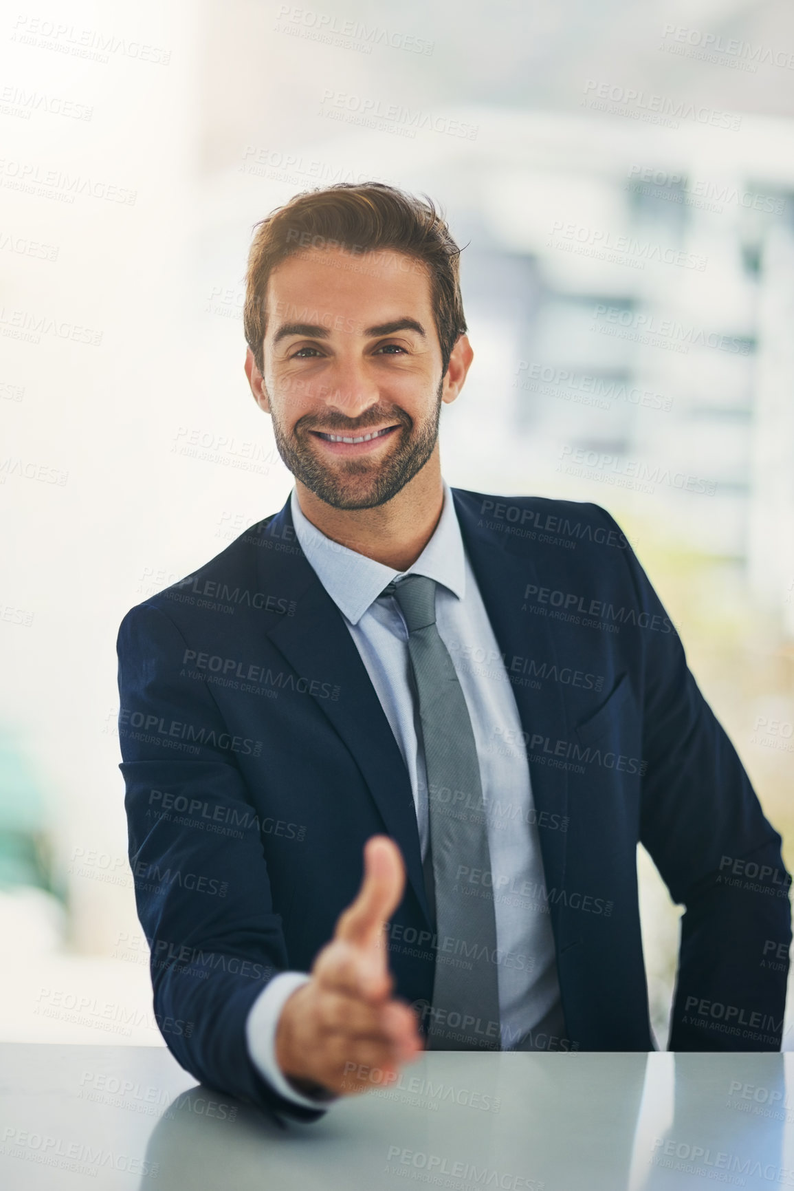 Buy stock photo Portrait, smile and business with man, handshake and b2b deal with congrats and welcome. Face, corporate and HR officer shaking hand with recruitment or hiring with new job or greeting with thank you