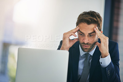 Buy stock photo Businessman, laptop and headache of stress in workplace with burnout, overwhelmed by workload or internet glitch. Professional, employee and frustrated with migraine or anxiety for deadline on mockup