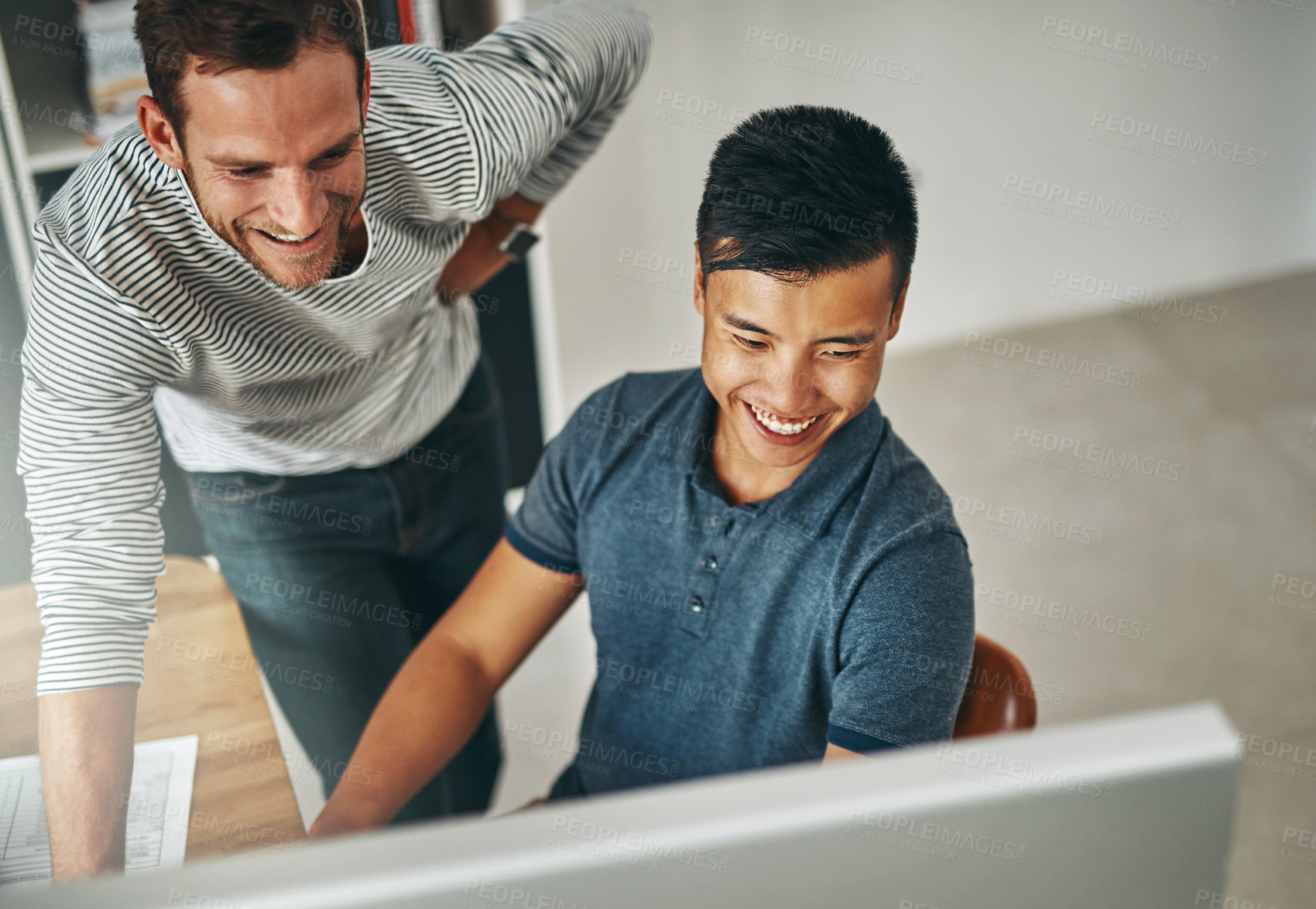 Buy stock photo Happy team, business men and coaching on computer for help, creative or design on post production software. Smile, training and mentor teaching intern for video editing, advice or feedback in startup
