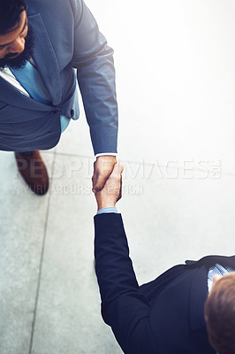 Buy stock photo Shaking hands, partnership and business men in office with b2b deal, collaboration or agreement. Professional, meeting and aerial view of lawyers with handshake for greeting or welcome in workplace.
