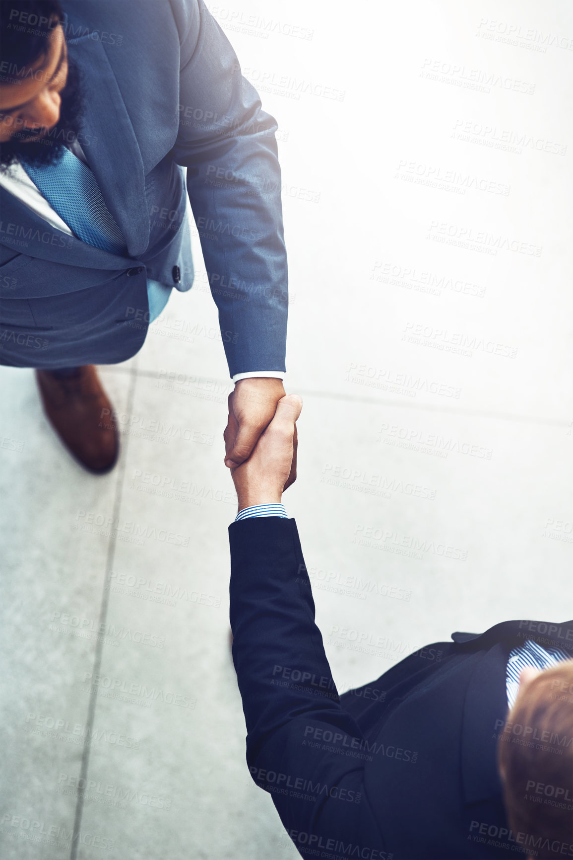 Buy stock photo Shaking hands, partnership and business men in office with b2b deal, collaboration or agreement. Professional, meeting and aerial view of lawyers with handshake for greeting or welcome in workplace.