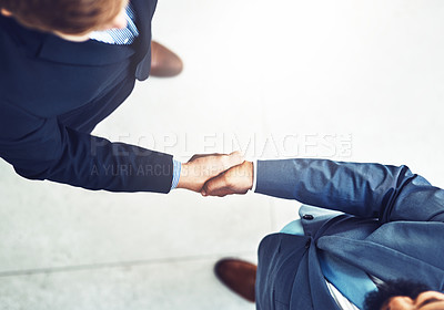 Buy stock photo Shaking hands, welcome and business men in office with b2b deal, collaboration or agreement. Professional, meeting and aerial view of lawyers with handshake for greeting or partnership in workplace.
