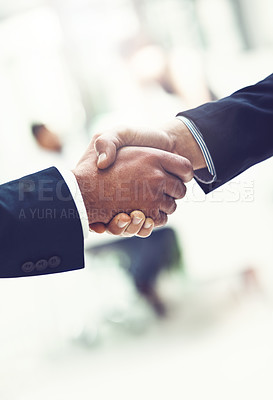 Buy stock photo Handshake, team and business men in office with b2b deal, collaboration or agreement. Professional, partnership and professional lawyers in meeting shaking hands for greeting or welcome in workplace.