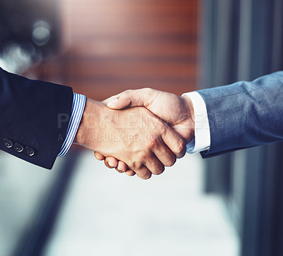 Buy stock photo Handshake, deal and business men in office with b2b partnership, collaboration or agreement. Thank you, meeting and professional male lawyers shaking hands for greeting or welcome in workplace.