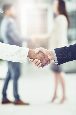 Buy stock photo Shaking hands, meeting and business people in office with deal, collaboration or b2b agreement. Hiring, partnership and professional hr with candidate for handshake with onboarding in workplace.