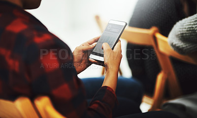 Buy stock photo Audience, meeting and hands of person with phone for voting poll, review and online feedback. Conference, company and man on smartphone for focus group results, report and research in presentation
