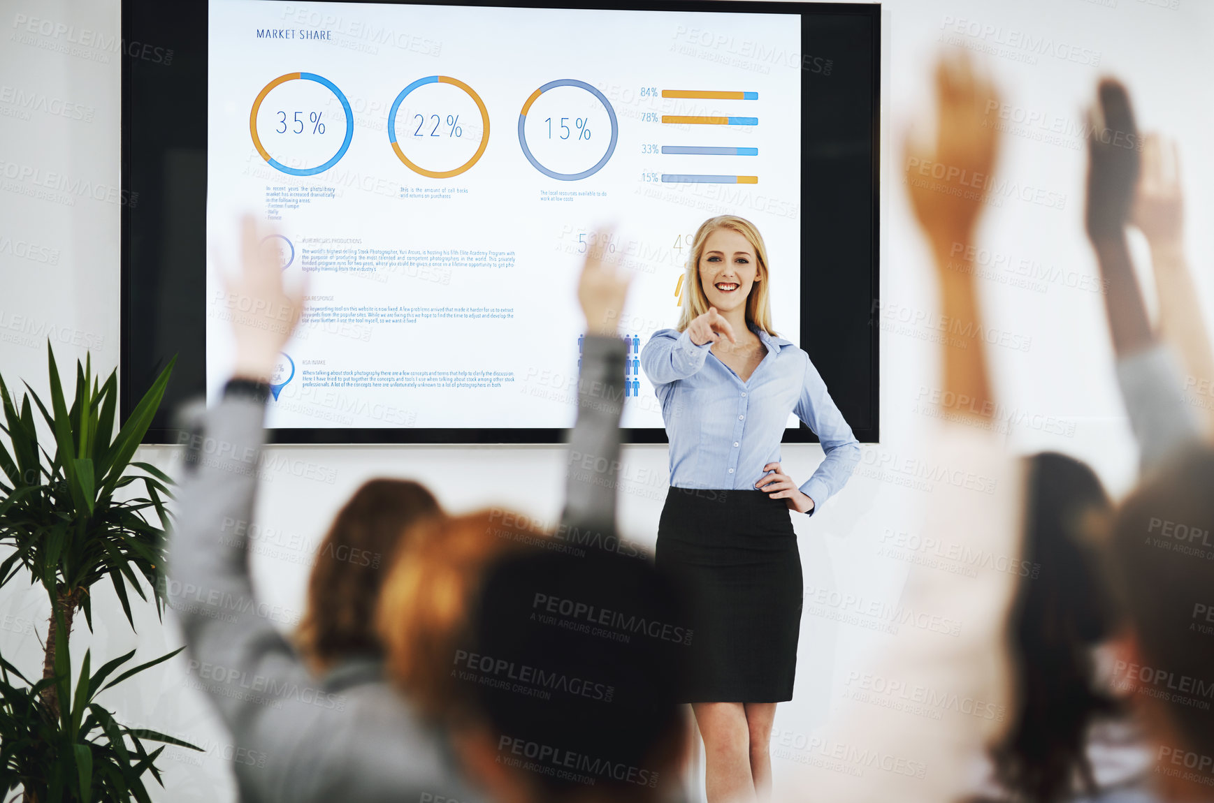 Buy stock photo Question, office and businesspeople with hand for meeting with presenting for employee with charts in boardroom. Staff, strategy and team with workshop for learning with training with conference
