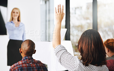 Buy stock photo Presentation, question and business people at conference for corporate training, workshop and team building. Public speaking, communication or debate with audience, hand up at seminar or lecture