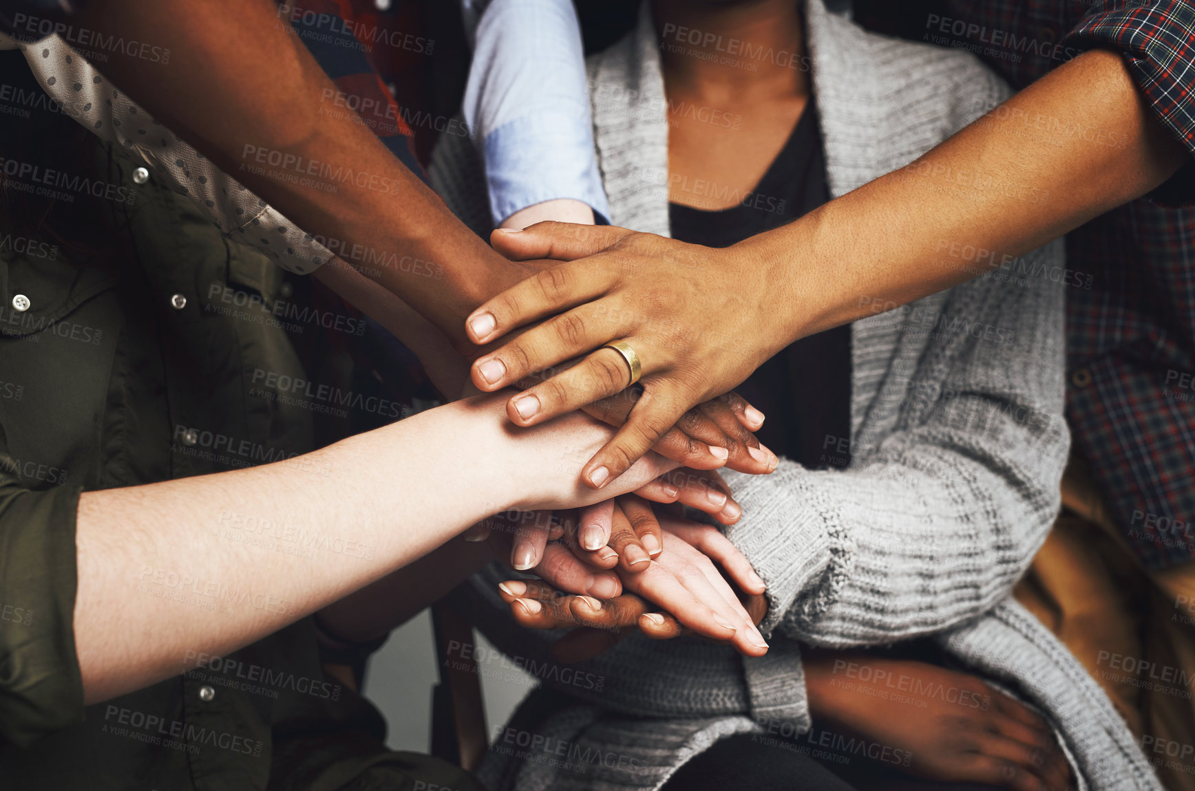 Buy stock photo People, partnership and hands for synergy for celebration on deal, teamwork and collaboration. Diversity, support and happy for business achievement with congratulations, team building and together

