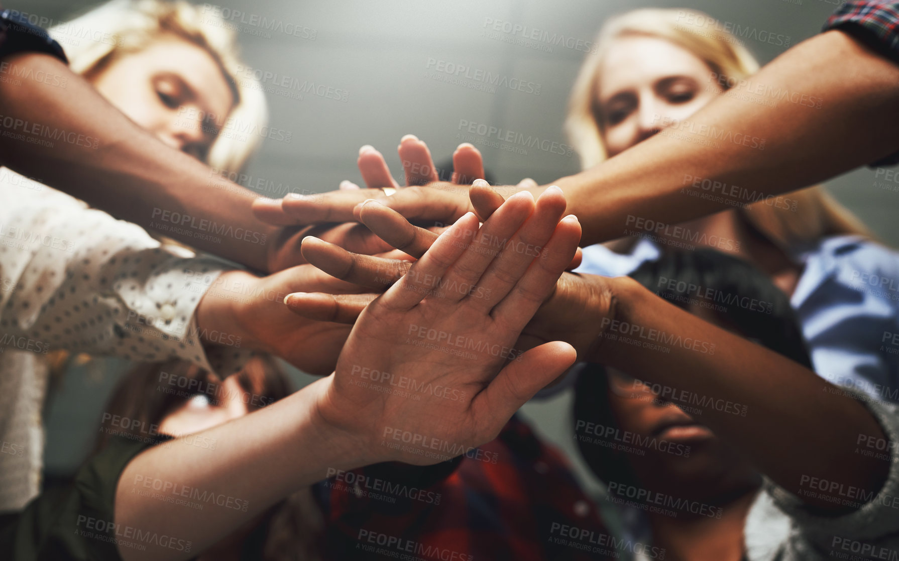 Buy stock photo People, office and hands for synergy with commitment or celebration, teamwork and collaboration. Diversity boardroom and low angle for business achievement with congratulations for team building
