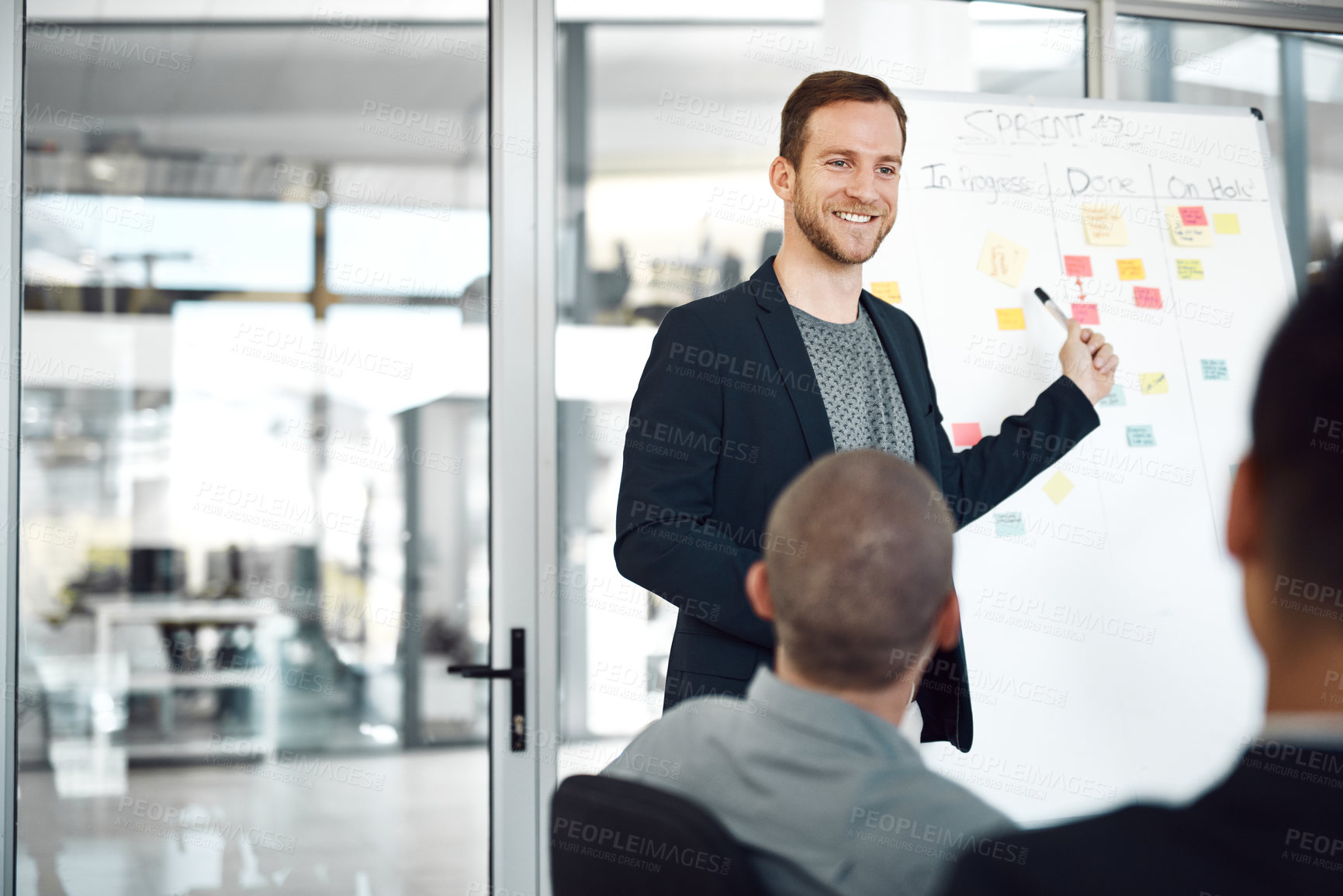 Buy stock photo Man, presentation and notes on whiteboard for planning, timeline and employee engagement in office space. Speaker, workshop and group training in boardroom with advice, collaboration and instruction