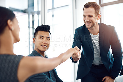 Buy stock photo Man, woman and shaking hands in office at business meeting with smile for welcome, introduction and respect. People, handshake and happy with diversity, collaboration and onboarding for job at agency