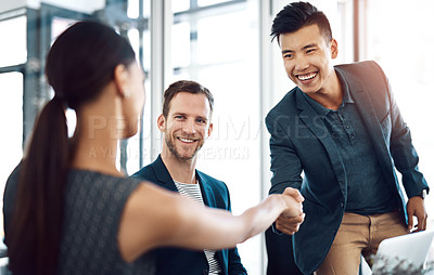 Buy stock photo Man, woman and handshake in office at business meeting with smile for welcome, introduction and respect at job. People, shaking hands and happy with diversity, collaboration and onboarding at agency