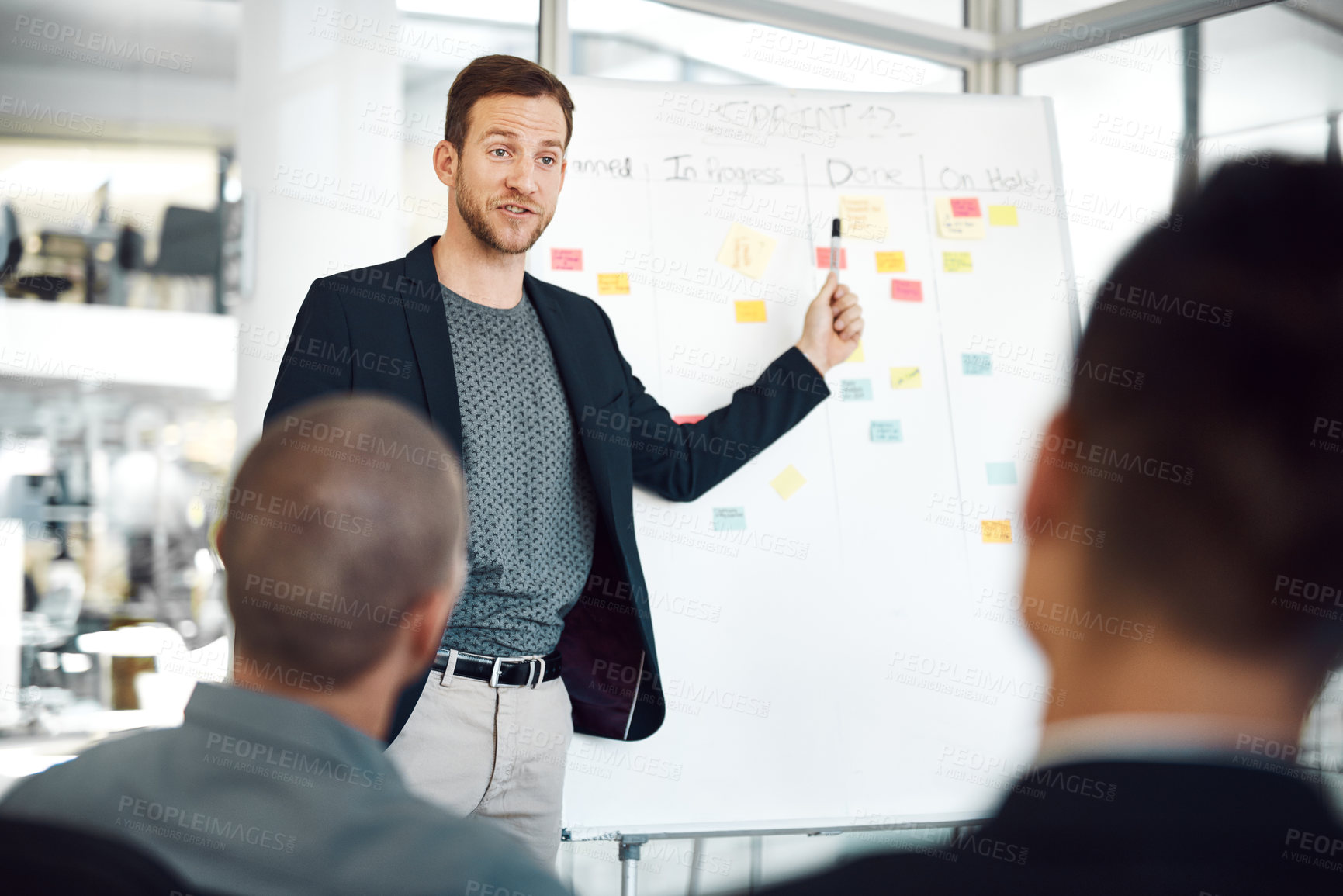 Buy stock photo Business people, whiteboard and sticky notes for meeting in office, planning and boardroom for progress. Man, mentor and talk to staff on productivity in workplace, charts and brainstorming project