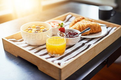 Buy stock photo Shot of breakfast on a table indoors
