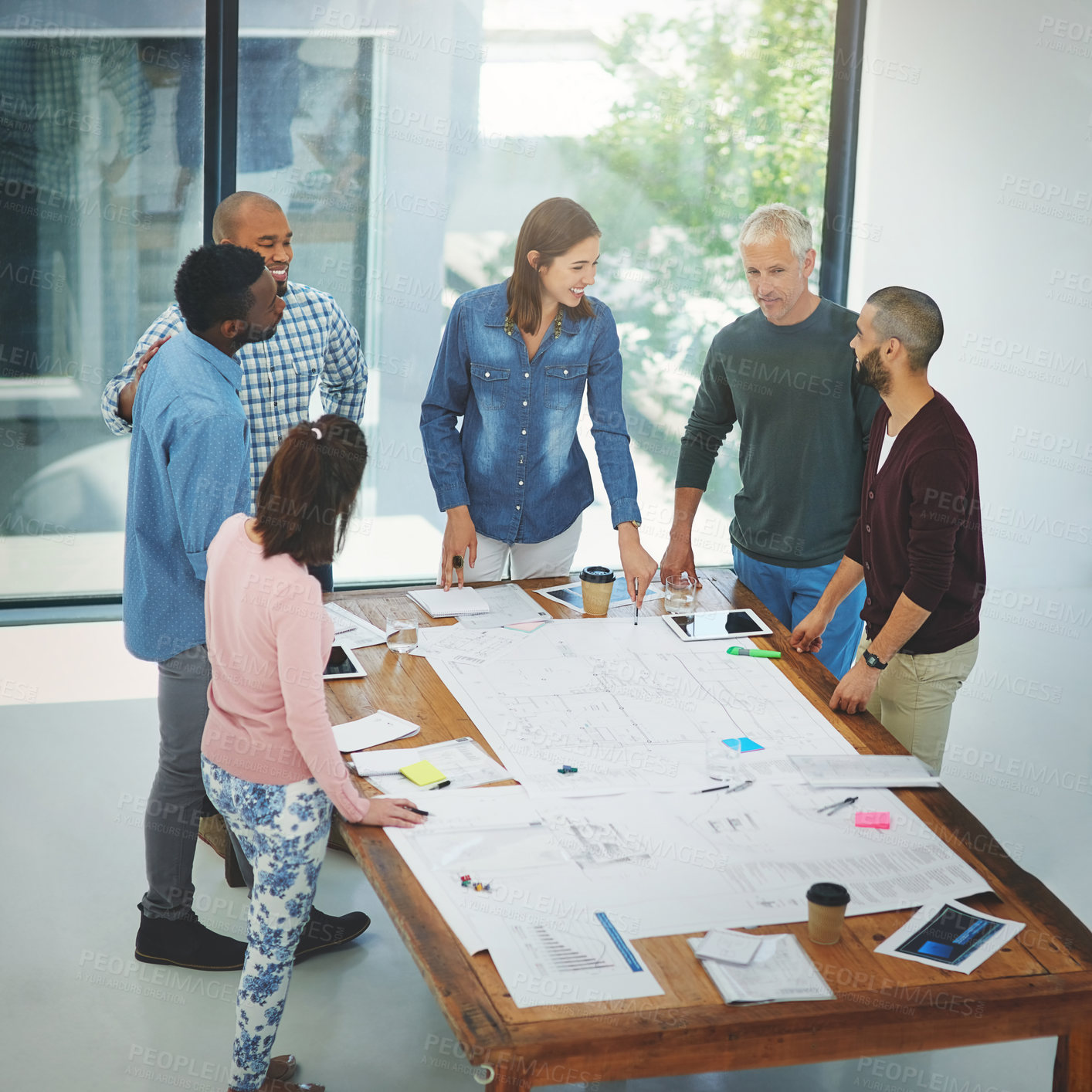 Buy stock photo Business people, architect and teamwork in meeting with blueprint for building design, brainstorming and strategy. Architecture, employee and collaboration with floor plan in boardroom with top view