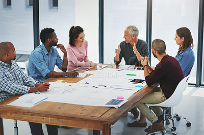 Buy stock photo Business people, architect and discussion in meeting with floor plan for building design, brainstorming or planning. Architecture, employee or collaboration with blueprint in boardroom with diversity