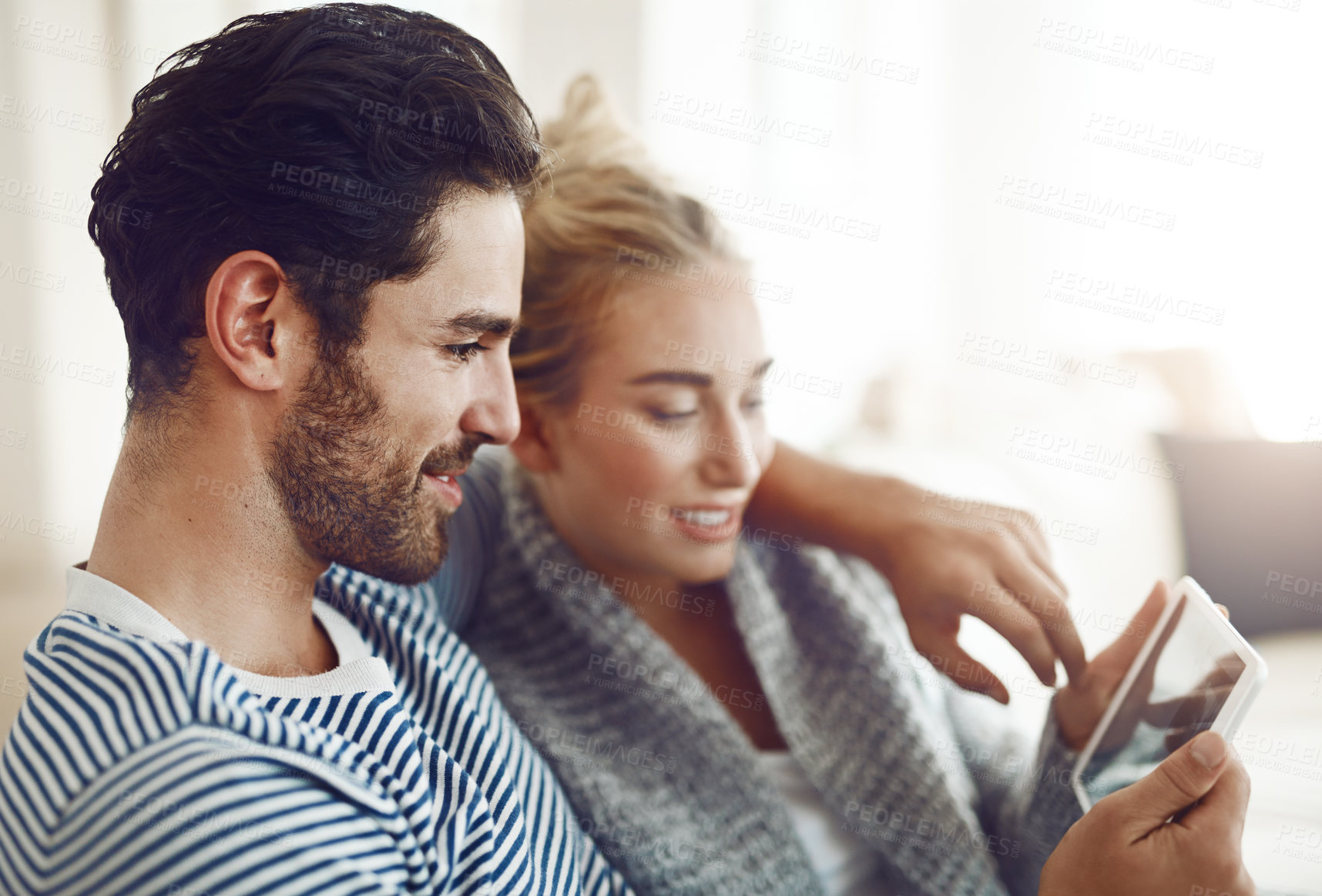 Buy stock photo Happy couple, relax or tablet for movie, news and streaming online on couch in living room. Technology, internet or people in lounge on social network app on digital website or touchscreen in home