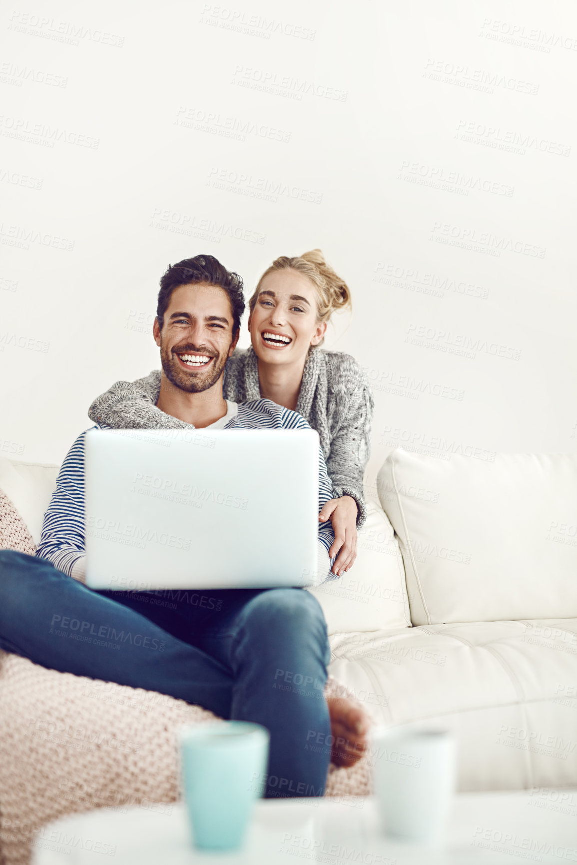 Buy stock photo Happy couple, space or laptop for portrait, choice or movie streaming online on sofa in living room. Smile, internet or people relax on social network app, digital website or technology for mockup