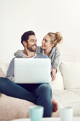 Buy stock photo Happy couple, hug or laptop for support, space and movie streaming online in house living room. Smile, internet and people bonding on social network app, digital website and technology for mockup