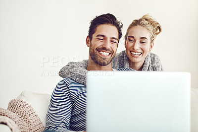 Buy stock photo Happy couple, smile or laptop for movie, media or video streaming online in house living room. Relax, internet or people bonding together on social network app, digital website or technology for news