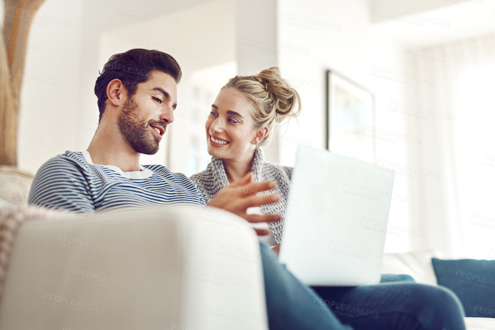 Buy stock photo Couple, discussion or laptop for choice, news and loan option online on couch in living room. Technology, internet or people in lounge on social network app on digital website or touchscreen in home