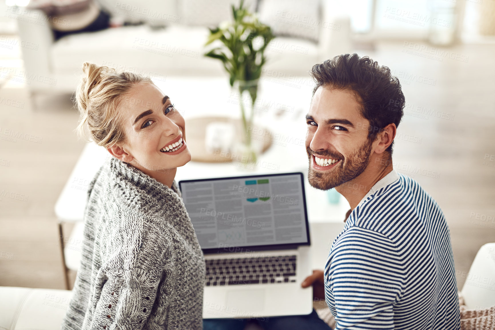 Buy stock photo Happy couple, portrait or laptop for screen, news and loan option online on couch in living room. Face, internet or people in home on social network app, digital website subscription or technology