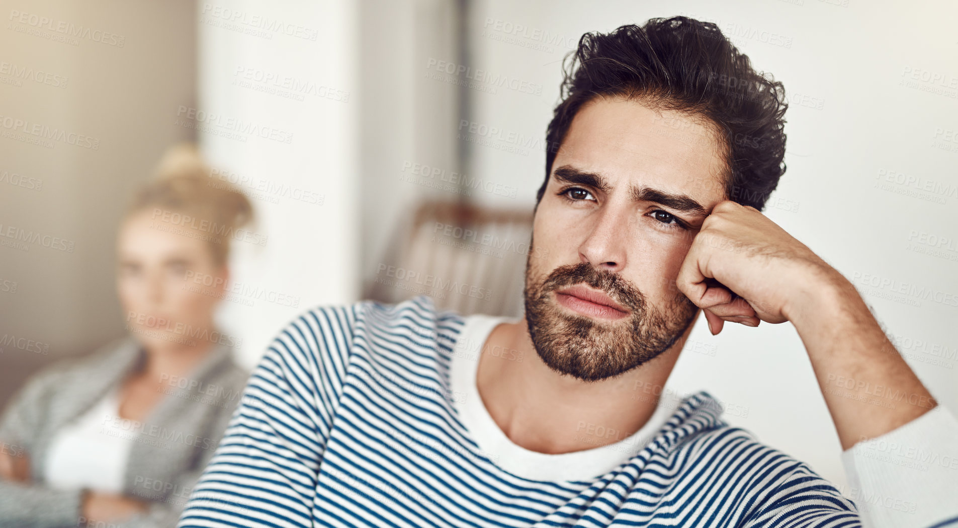 Buy stock photo Man, silent and couple crisis in home, disagreement and betrayal or abuse in toxic marriage. People, ignoring and relationship mistake or fail in living room, divorce and stubborn fighting on sofa