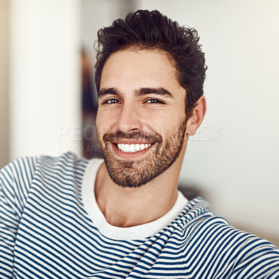 Buy stock photo Portrait, relax and man with smile in home, break and happiness for weekend in living room, calm and couch. Lounge, comfortable and person with joy for rest, morning and confident in apartment