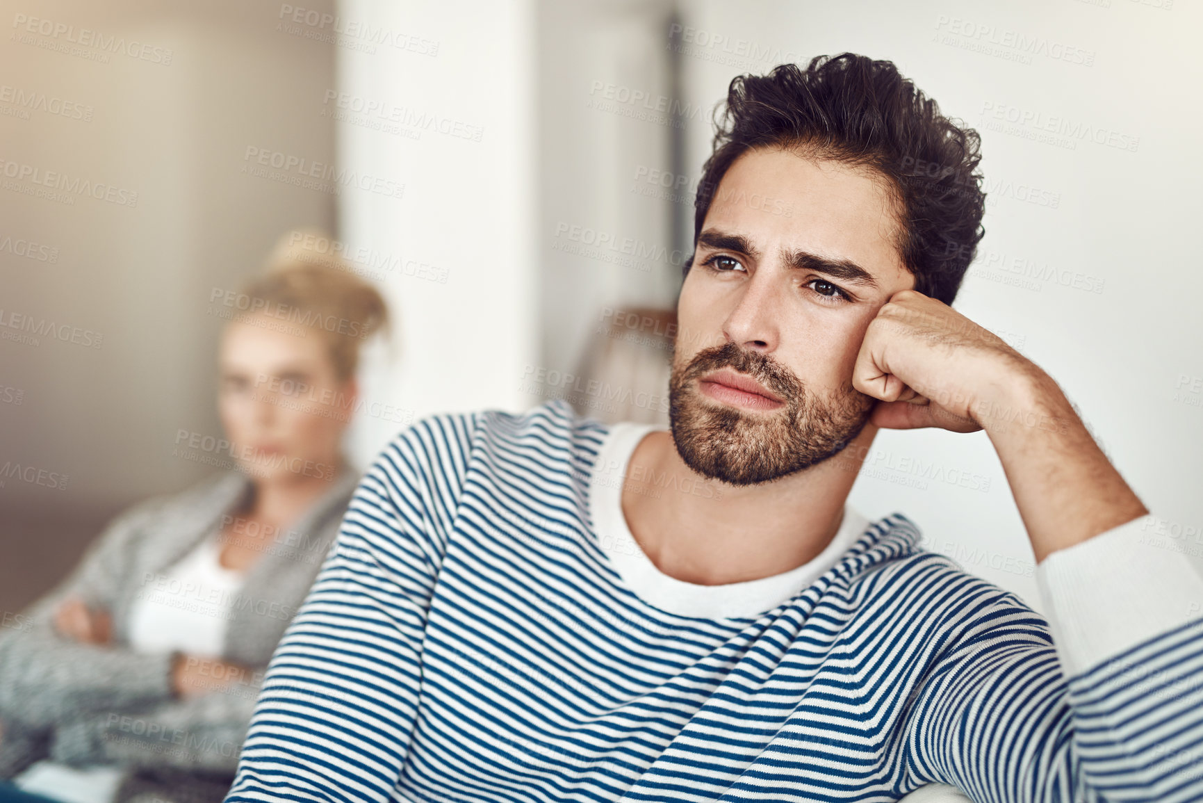 Buy stock photo Man, silent and couple ignore in home, disagreement and betrayal or abuse in toxic marriage. People, drama and relationship mistake or fail in living room, divorce and stubborn fighting on sofa