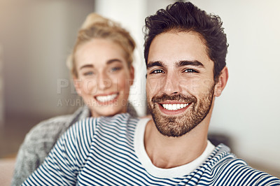 Buy stock photo Couch, portrait and couple together in living room for bonding, care and affection for romance in home. Woman, man and happy in lounge, apartment or house for weekend relaxing rest on sofa with smile