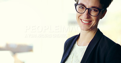 Buy stock photo Cropped portrait of an attractive young businesswoman standing outside on her office balcony