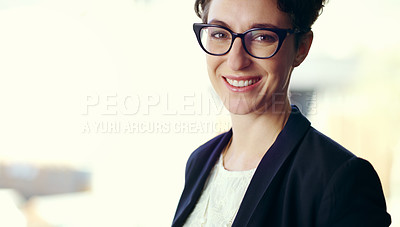 Buy stock photo Cropped portrait of an attractive young businesswoman standing outside on her office balcony
