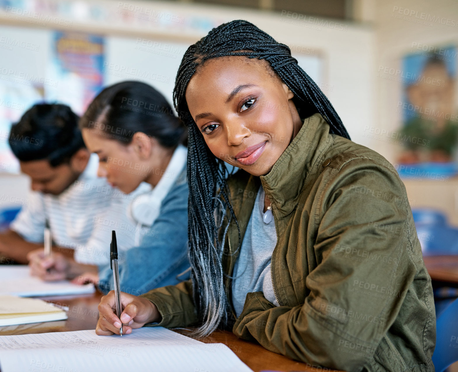 Buy stock photo College, student and writing portrait in classroom for tutorial notes, academic research and learning for exam. Study group, black girl or happy with books at university for education and scholarship