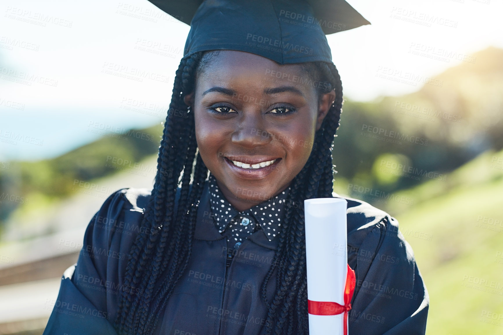 Buy stock photo Graduation, woman and face for success, certificate and outdoor with smile and happiness for goal. Achievement, person and student in college, event and celebration for  portrait and graduate