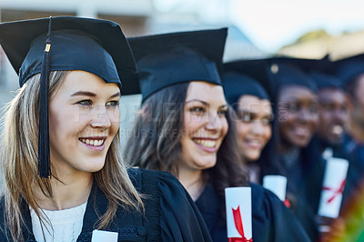 Buy stock photo Students, graduation and happy with certificate, line and memory with achievement, progress or goals at college. Woman, friends or group for celebration with diploma, smile or excited at university