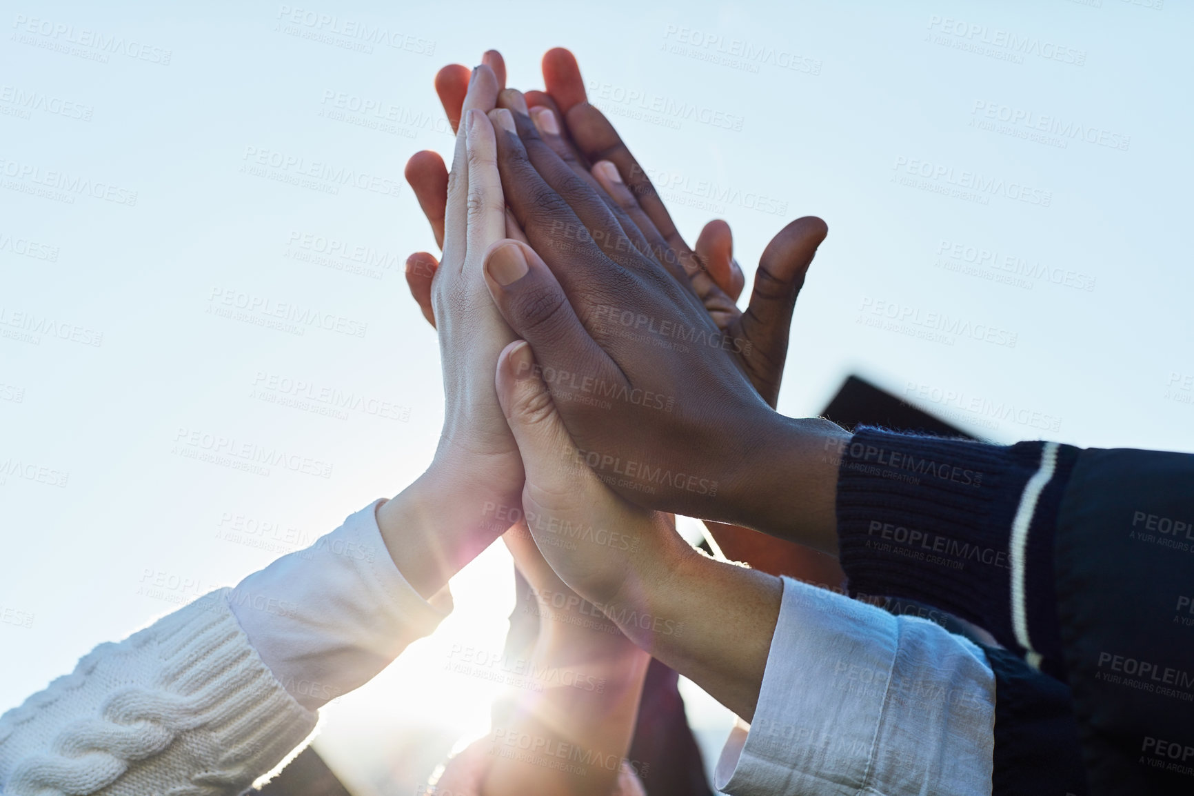 Buy stock photo High five, teamwork and hands of people in park for celebration, success and motivation in morning. Diversity, collaboration and men and women together for agreement, support and achievement outdoors